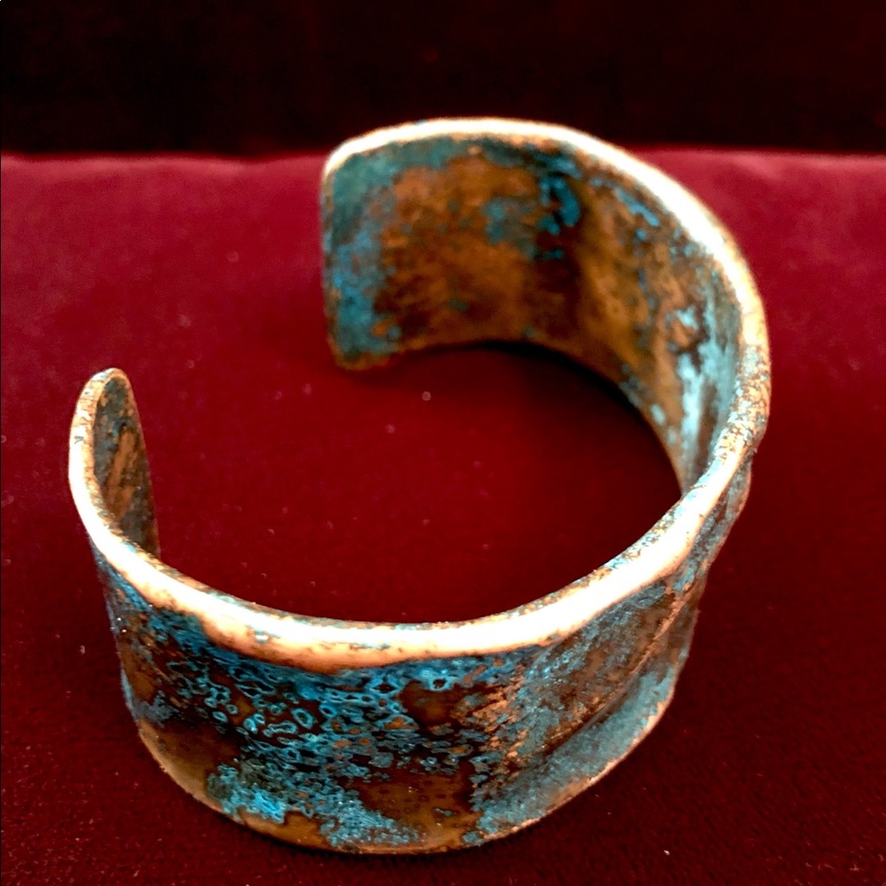 Handcrafted hammered Verdigris copper cuff